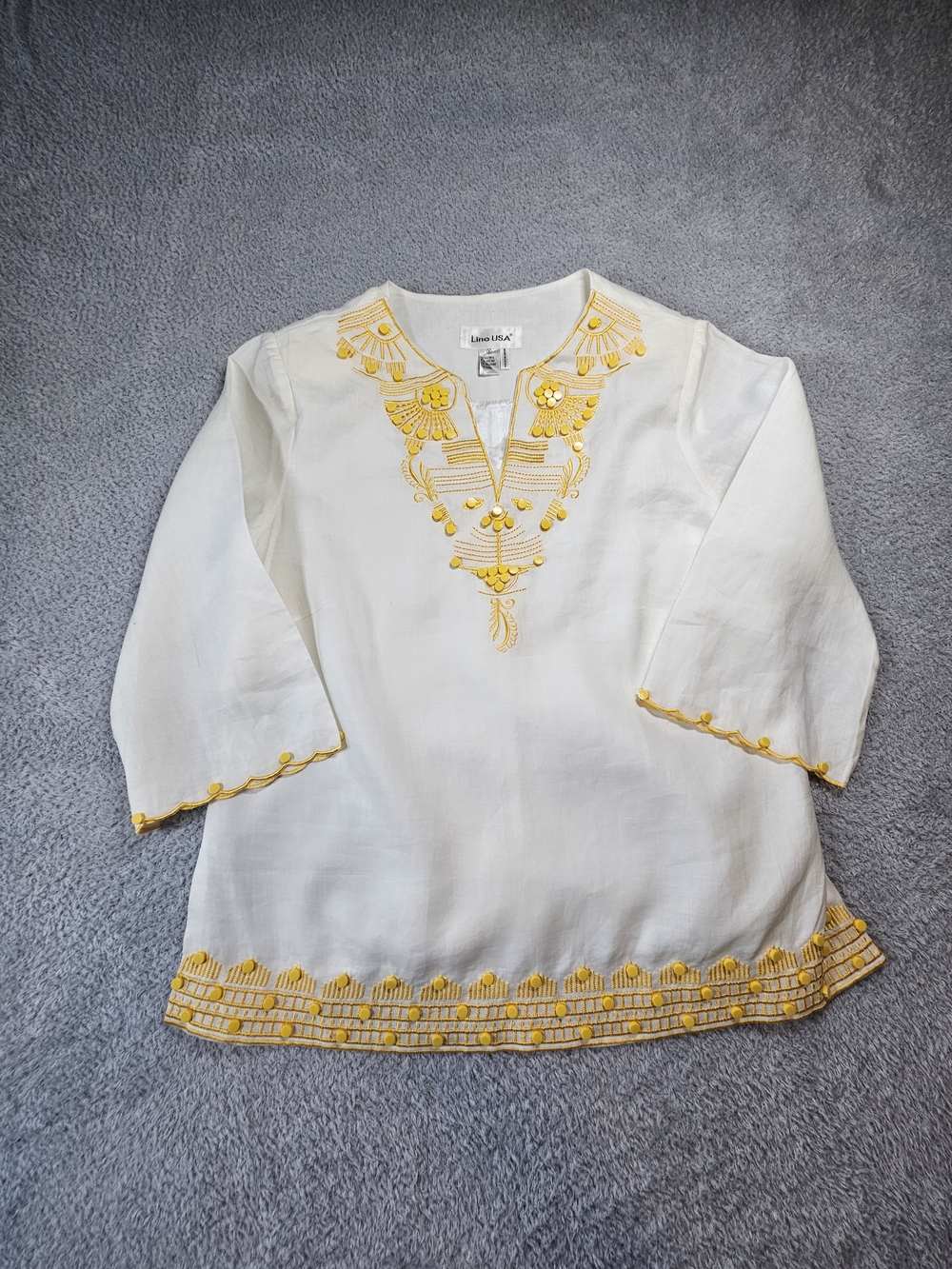 Lino USA White 100% Linen Embroidered Tunic Blouse Yellow Boho Pom Pom Med M